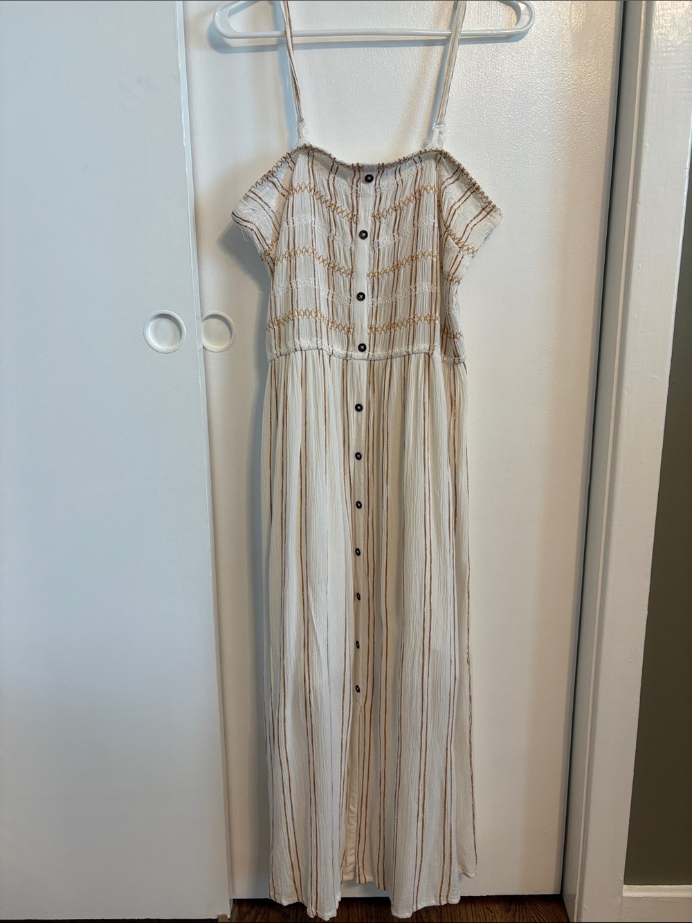 Girl Soul Cream and Tan Striped Button-Front Maxi Sundress with Removable Straps